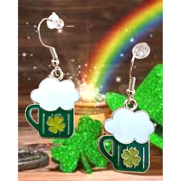 St Patricks Day Earrings Beer Four Leaf Clover Dangle Hooks Parade New F… - Picture 8 of 11